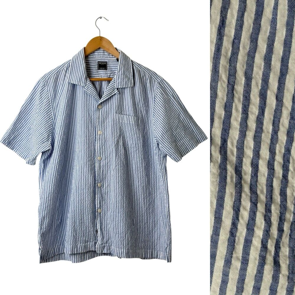 Todd Snyder Mens XL Blue Striped Seersucker Camp Shirt Short Sleeve Resort Prepp